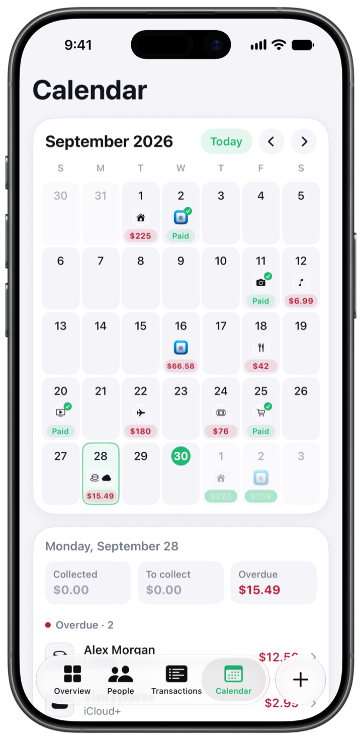 El calendario de OweMe, con fechas de pago previstas y los cobros del día elegido.